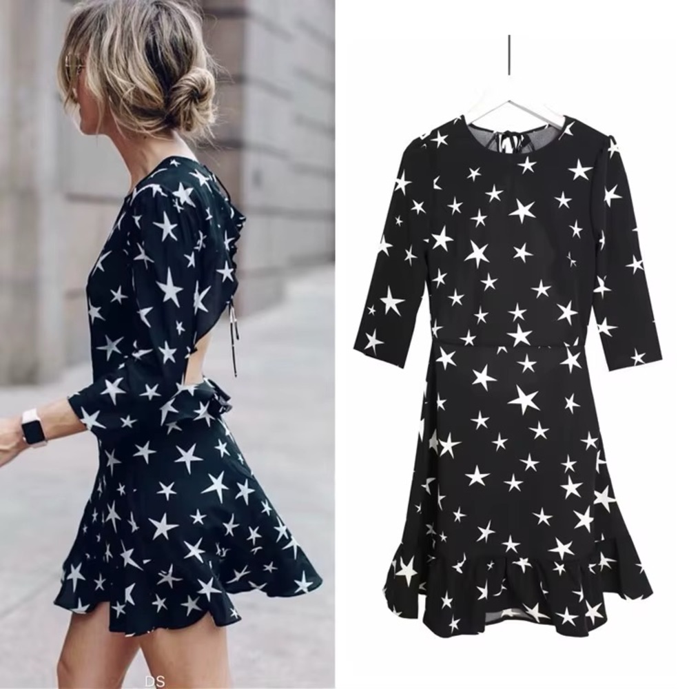 Realisation Par Silk Black Light Blue Star Print Open Back Mini Dress SMALL